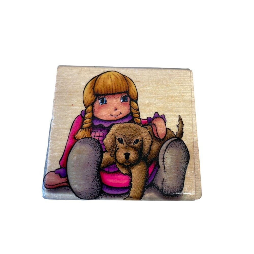 Vintage Wood-Mounted Girl Braids Puppy Dog Rubber Stamp Craft Supply